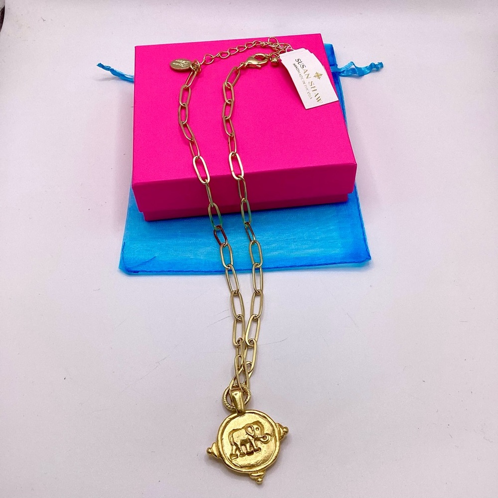 Susan Shaw Gold Elephant Medallion Link Necklace
